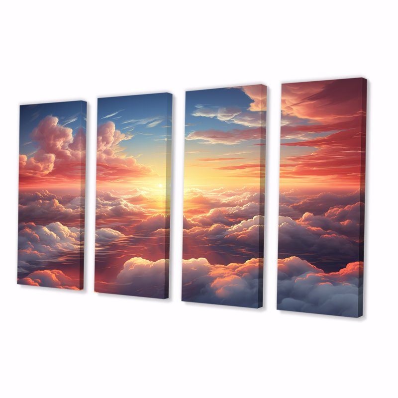 «Yellow and Pink Sunset In The Sky I - Sky», art mural 4 pièces, H 32 po x l 64 po