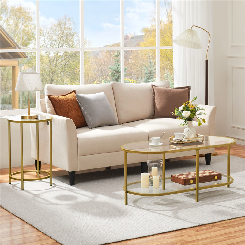 Round Side Table With Metal Frame & Glass Top, Gold