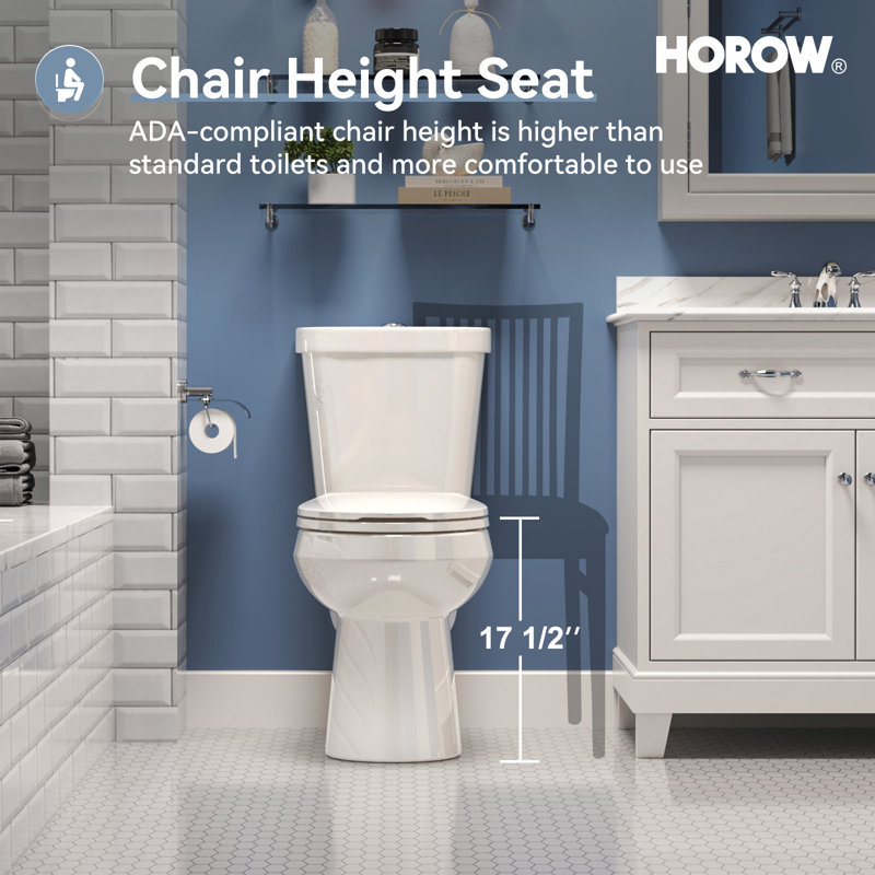 HOROW Elongated Chair-Height Two-Piece Toilet with Dual Flush and Soft-Close Seat, Floor Mounted, 1.28 GPF