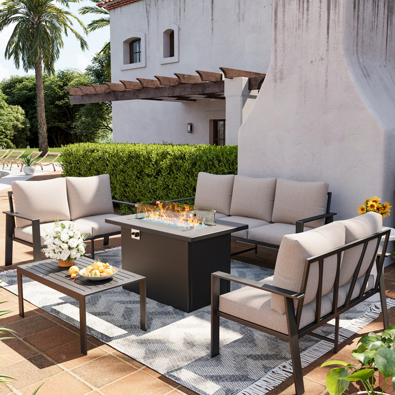 Aluminum Oudoor Sofa Set 7-Seat Patio Conversation Set with Coffee Table, Beige, Yes