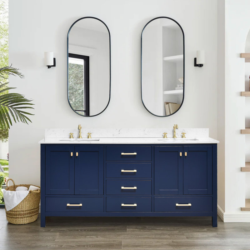 Meuble-lavabo 84 po avec plateau en pierre reconstituée 84 po, Bleu / or brossé, 72"