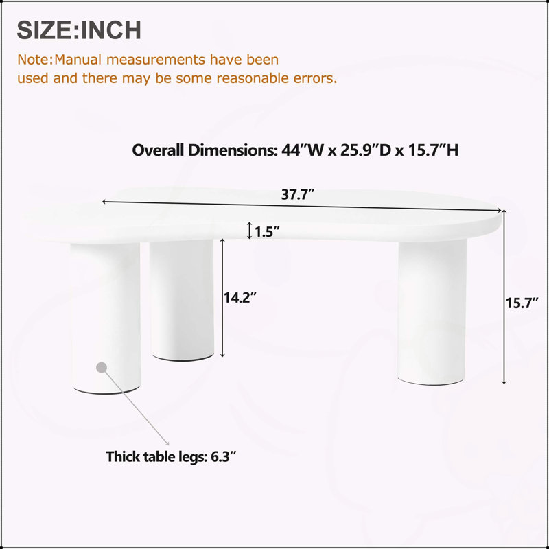 Table basse de 44 po x 25,9 po à assemblage facile avec plateau de 1,5 po d'épaisseur, table de bout irrégulière de style crème avec 3 pieds robustes, table centrale élégante avec bord rond pour le salon