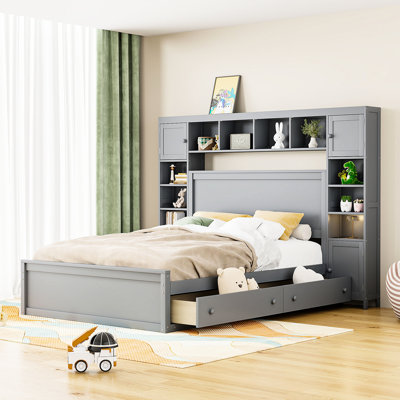 Stunning Gray Queen Bed With Combined Cabinet, Shelf And Socket Elements One Assembly -