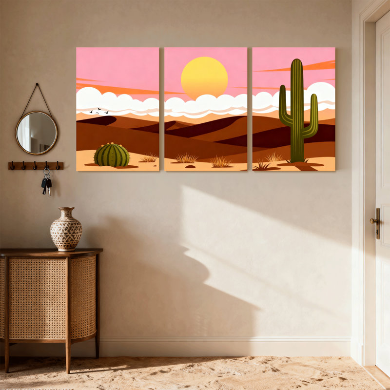 Cactus du désert, coucher de soleil, paysage de cactus, ensemble de 3 reproductions d'art sur toile, H 24 po x l 48 po