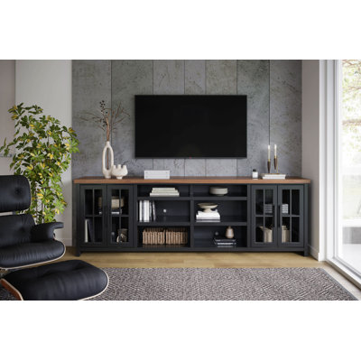 96 Inch Tv Stand Console For Tvs Up To 100 Inches, No Assembly Required, Black And Whiskey Finish