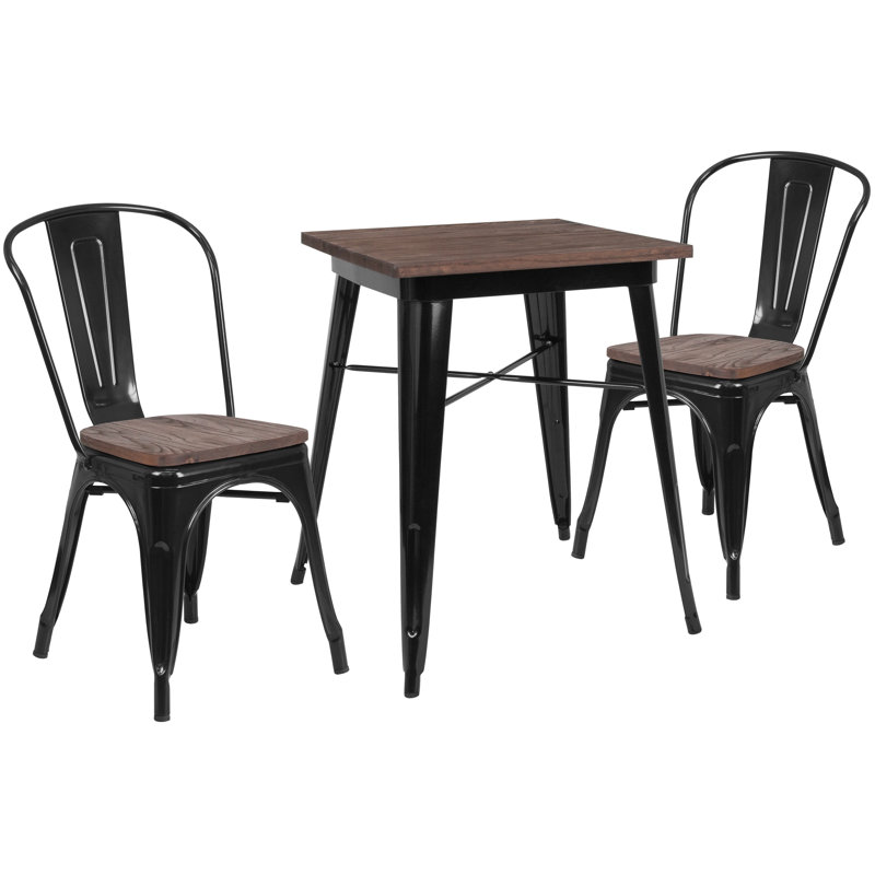 Ensemble de table carrée en métal 23,5 po avec plateau en bois et 2 chaises empilables Malave, Noir