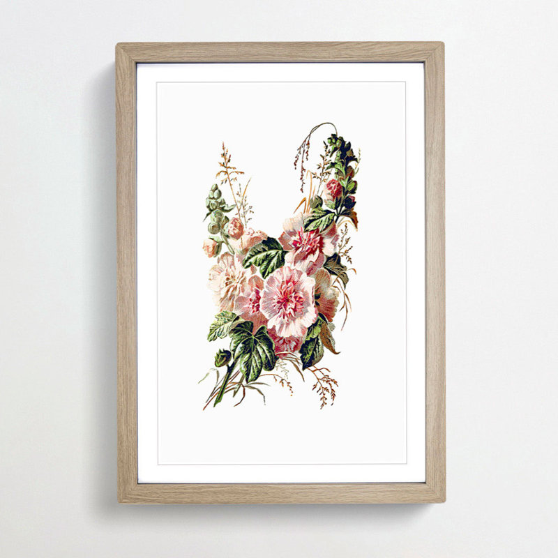 Hollyhock Flower Illustration - Framed Print, 48cm H x 36cm W x 2cm D, Oak Framed