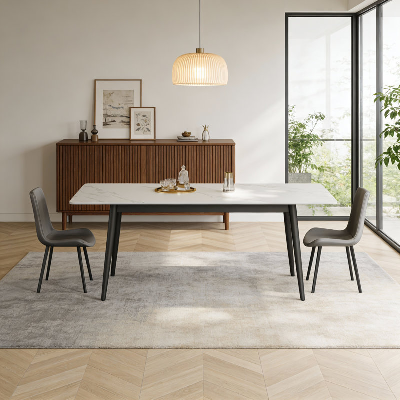 Modern Dining Table with Sintered Stone Top, White Matt Finish and Robust Carbon Steel Legs, 75cm H x 120cm W x 70cm D