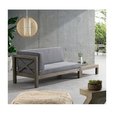 2-Piece Acacia Wood Corner Bench and Coffee Table Set, Dark Grey Outdoor Sectional Seating