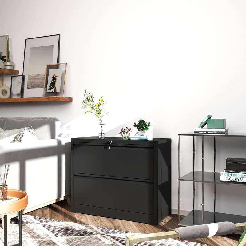 2 Drawer Lateral File Cabinet with Lock - Home Office Storage for Letter/Legal/F4/A4 Hanging Files - Requires Assembly, Black