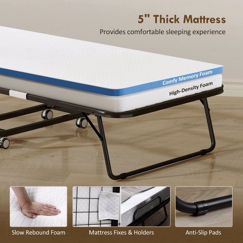 Lit pliant avec matelas pour adultes, taille unique, pliable portable avec matelas en mousse à mémoire de forme et structure en acier