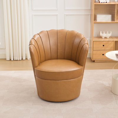 Fauteuil pivotant à 360° à oreilles marron, cuir pleine fleur véritable, design américain, accent moderne, idéal pour le salon, structure en pin rembourrée de mousse et finition bois.