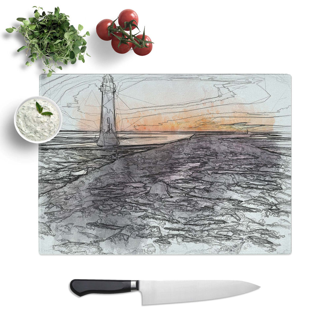 Glass Lighthouse With Orange Sunset in Abstract Chopping Board