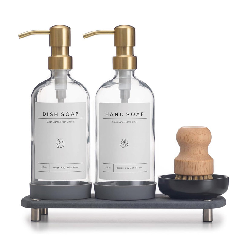 16oz Clear Glass Kitchen Soap Dispenser Set | Stainless Steel Pump, Dry Tray & Accessories | Labels, Silicone Pad & Dish Brush