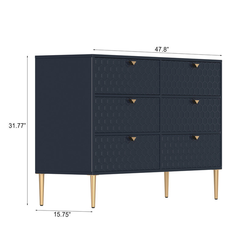 Commode 6 tiroirs, motif en nid d'abeille 3D, armoire de rangement en panneau de fibres à densité moyenne plaqué bois pour la chambre à coucher, le salon, la cuisine et le bureau