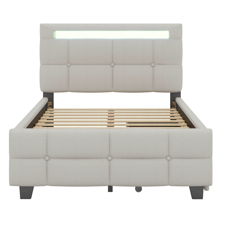 Twin Size Upholstered Platform Bed With LED Frame And 2 Drawers, Beige