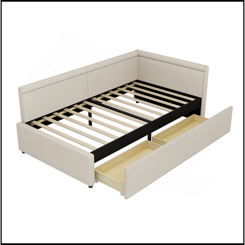 Modern Style Twin Size L Shape Corner Bed, Linen Upholstered  Daybed  With Two Storage Drawers, Beige