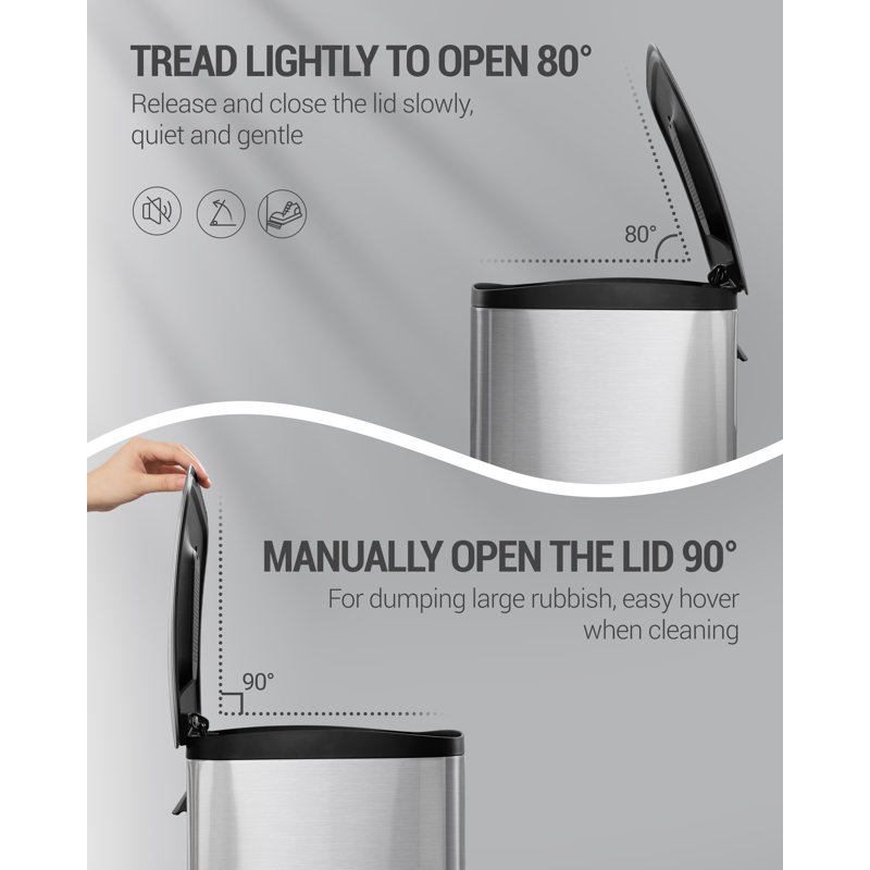 Kitchen Bin 50L, Recycling Bins for Kitchen, Stainless Steel Pedal Bin with Soft-Close Lid, Rubbish Bins with Handle, Removable Inner Bucket, 15 Bin Bags 