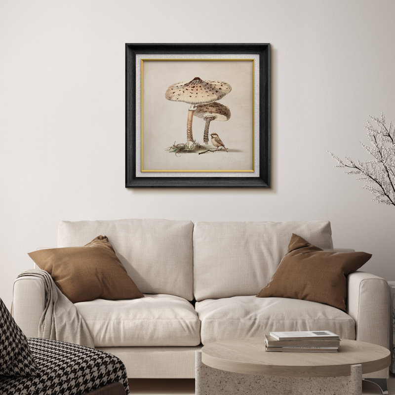 Illustration rétro d'un champignon et d'un oiseau, Cadre noir de qualité supérieure, H 26 po x l 26 po x P 1,5 po
