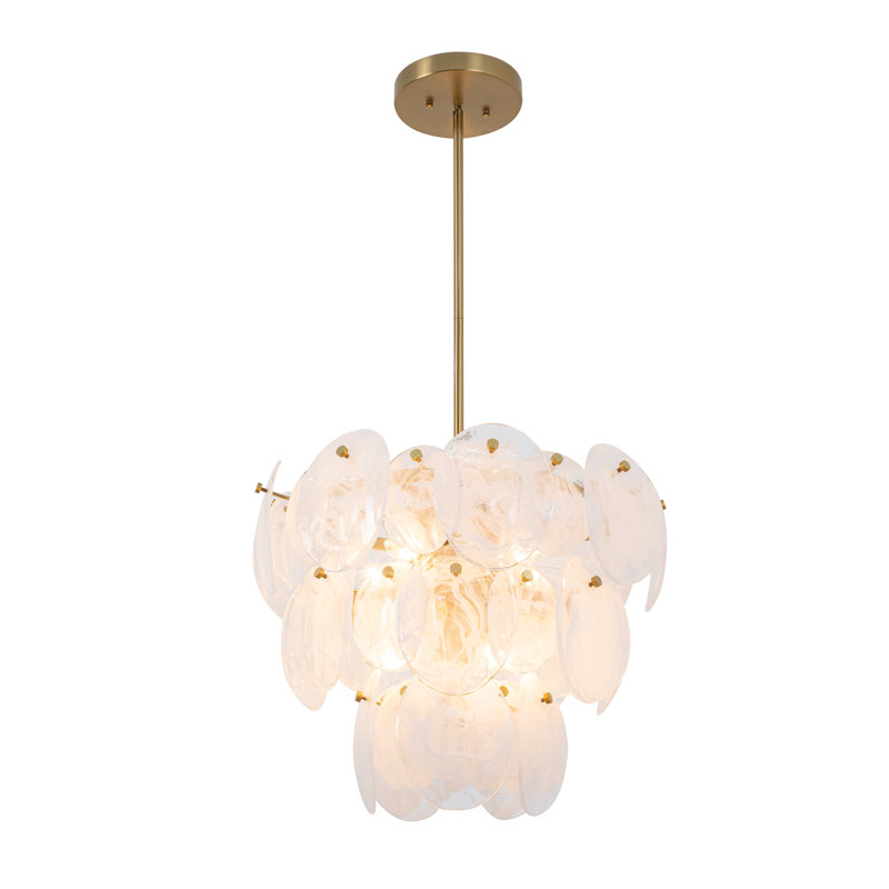 Hyler - Brushed Brass Finish - Wispy White Murano Style Glass Shade, 3 Tiers, 8 Lights
