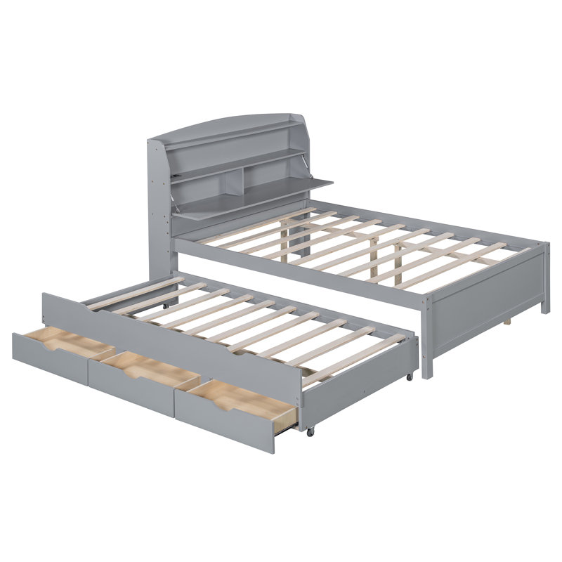 Full Wood LED Platform Bed With Trundle, Storage Headboard & Drawers, Grey