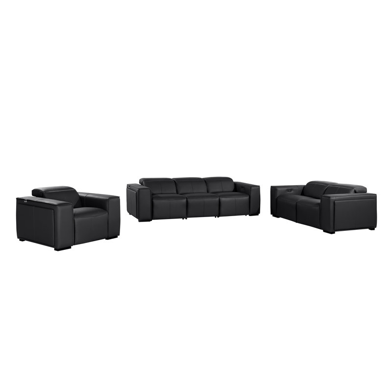 Ensemble de canapé inclinable électrique en cuir fleur Cinaed, Noir, noir, noir, noir