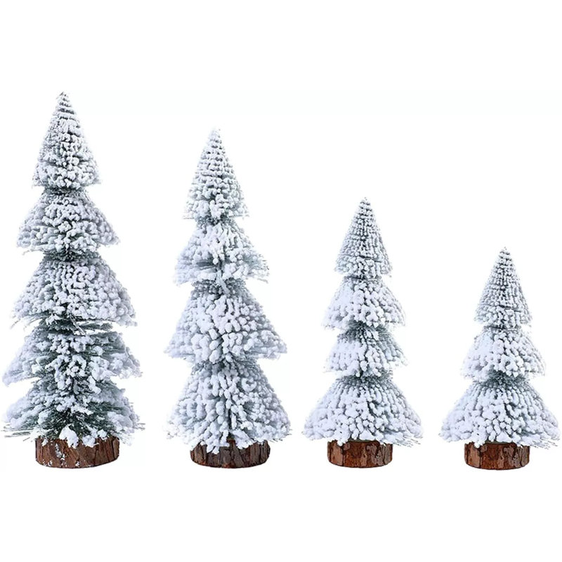4 arbres de Noël en flocage de table avec base en bois clair