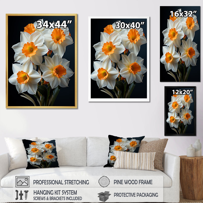 «White Orange Daffodils Bloossom», reproduction sur toile, Cadre flottant doré, H 32 po x l 24 po x P 1 po