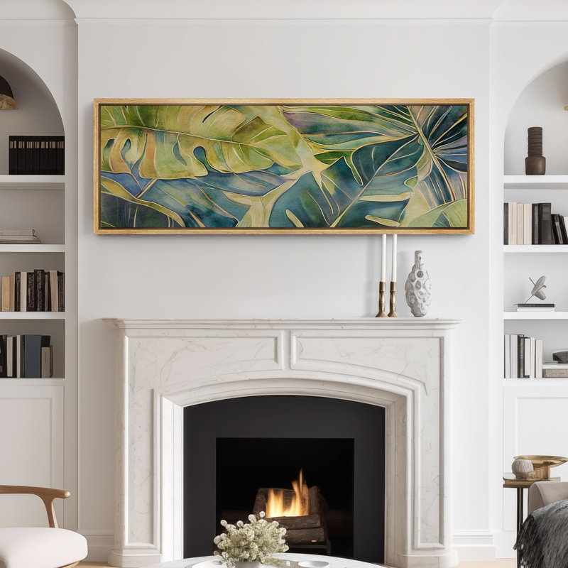 «Blueish Green Tropical Leaves», art mural, impression numérique sur toile, art numérique, H 20 po x l 60 po, Naturel