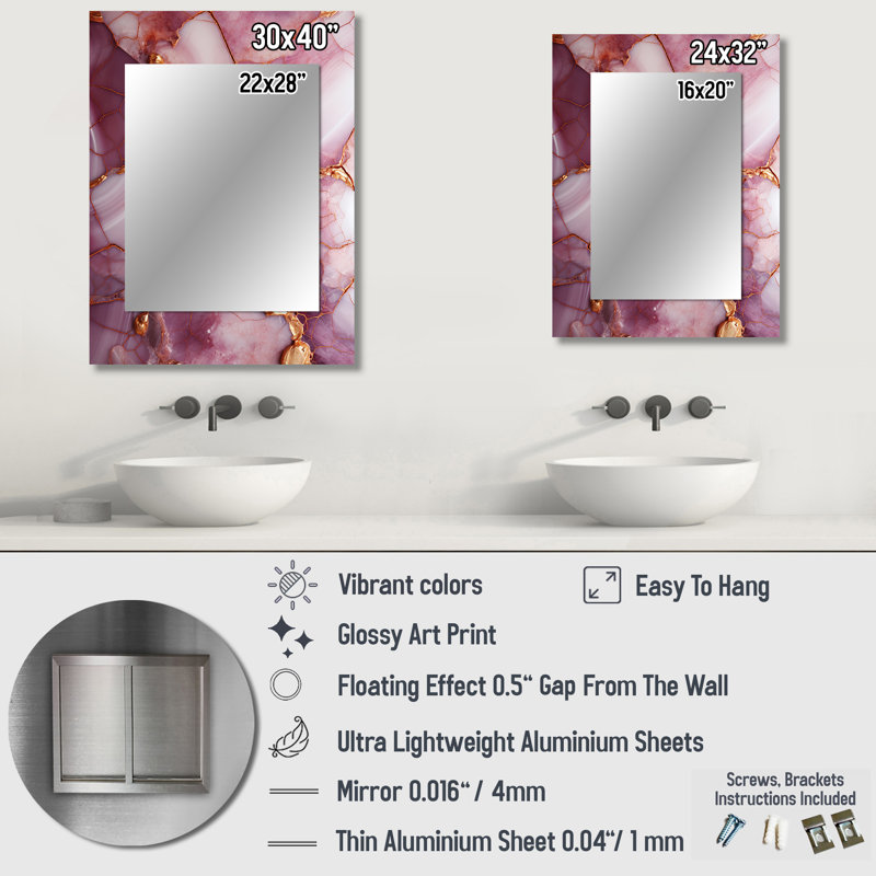 Rose et or rivière Marble IV - miroir décoratif abstrait, miroir mural doré, impression sur métal, 40 po x 30 po