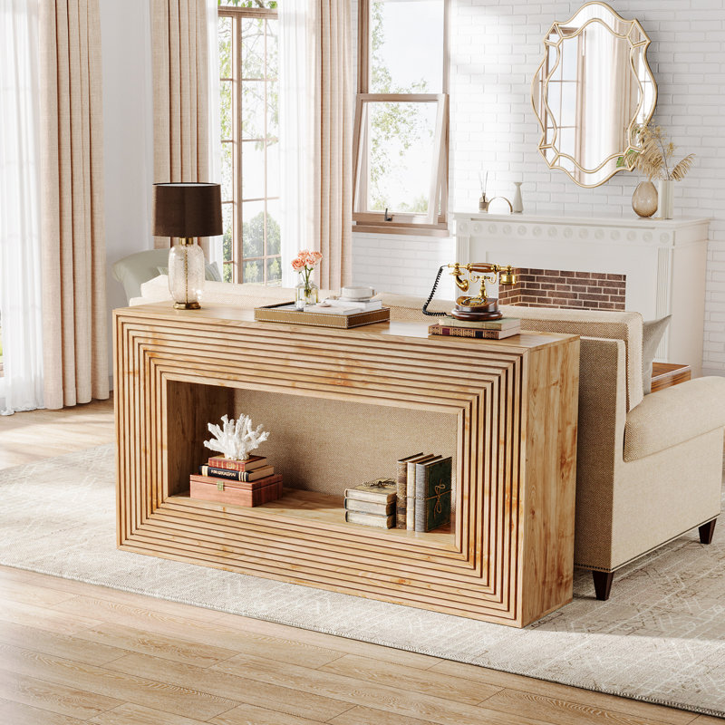 59-Inch Long Console Table,Natural Sofa Table with Storage for Entryway, Natural Wood