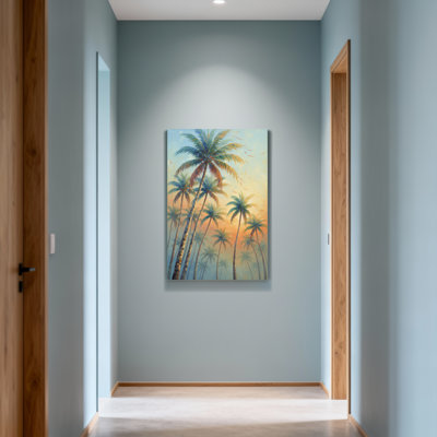 «Plants & Flowers Palm Trees Sunset Sky», reproduction d'art sur toile