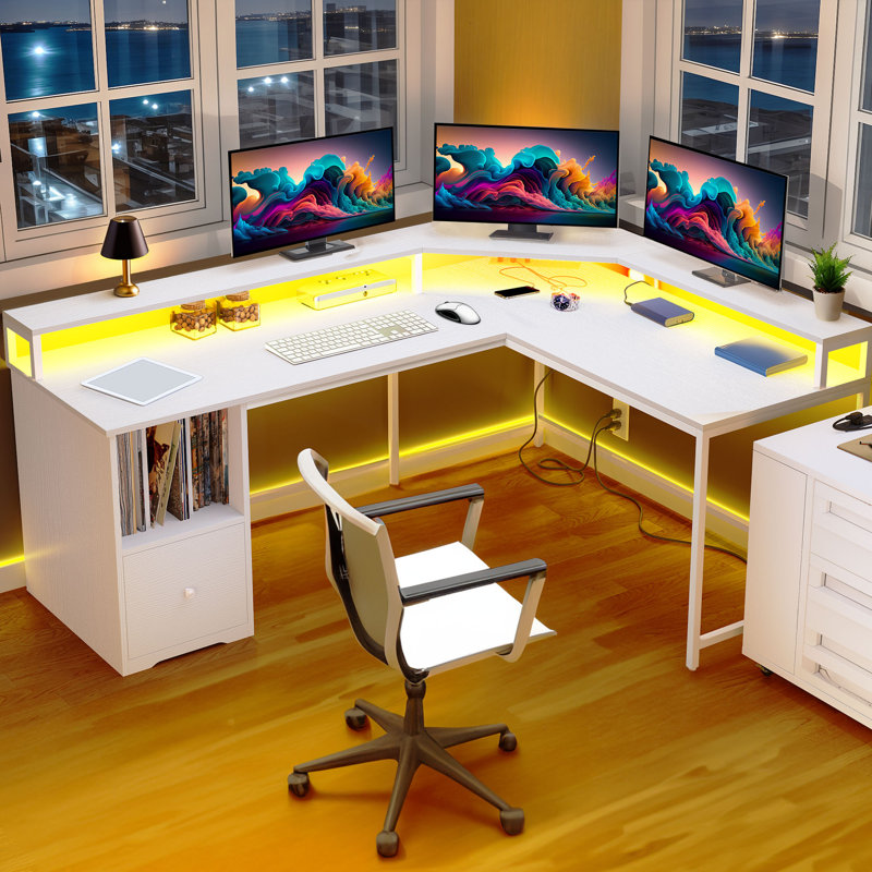 Monge 67'' L-Shape Wood Desk Computer Table with LED Light & Power Outlets, White