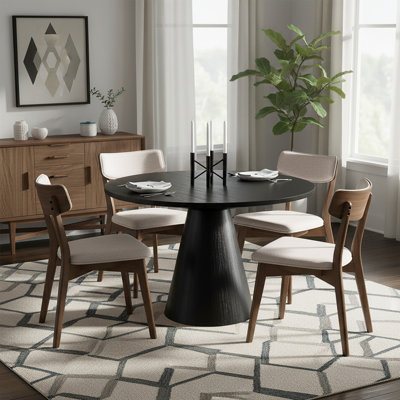 Kux Mid-Century Modern Walnut Dining Set With Upholstered Chairs