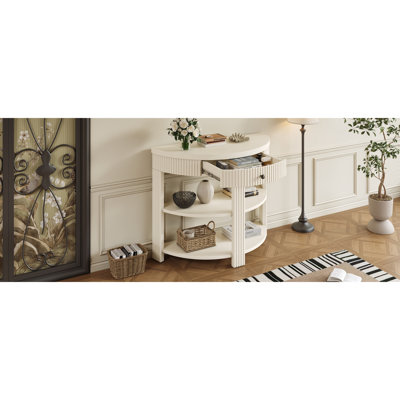 Console en demi-lune cannelée avec tiroir et 2 tablettes pour entrée, salon et couloir (naturel) TREXM
