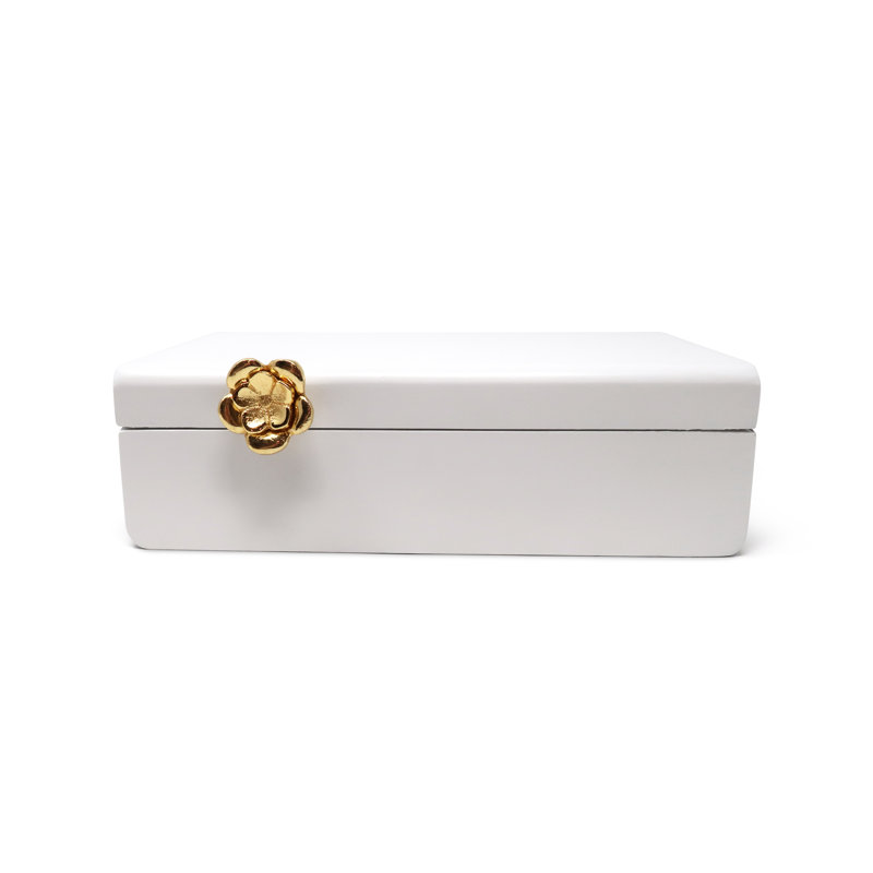 Mercer41 Rectangular White Wood Decorative Box with Gold Flower Detail, 3" H x 10" W x 5" D