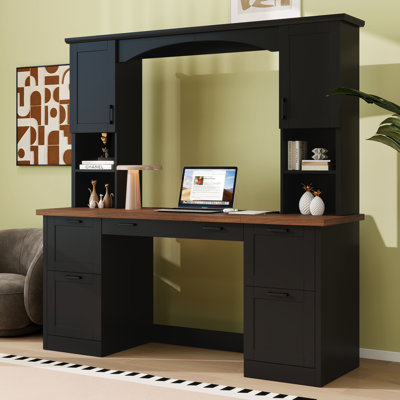 Bureau d'ordinateur arqué avec huche, bureau à domicile en bois avec rangement, tiroirs et portes, station de recharge et plateau à clavier