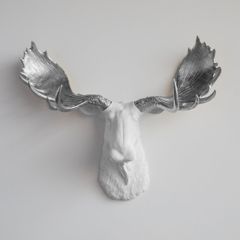 Décoration murale fausse tête d'orignal empaillée, Blanc / argent