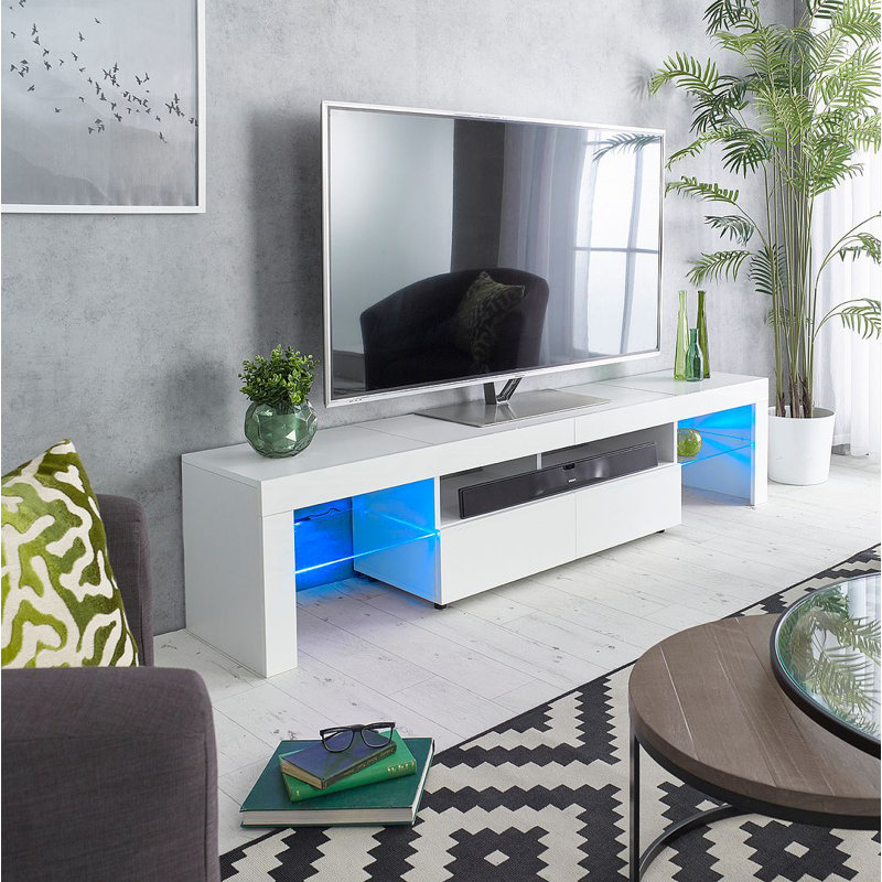 Vardy 78" Extra-Deep High-Gloss TV Stand w/ LED Accent Lights, Soundbar Shelf & 2-Door Cabinet — Modern 78" Media Console (17.7" D) with Open Shelves + Cable-Friendly Setup for Large TVs up to 88" (90" class), 200 lb