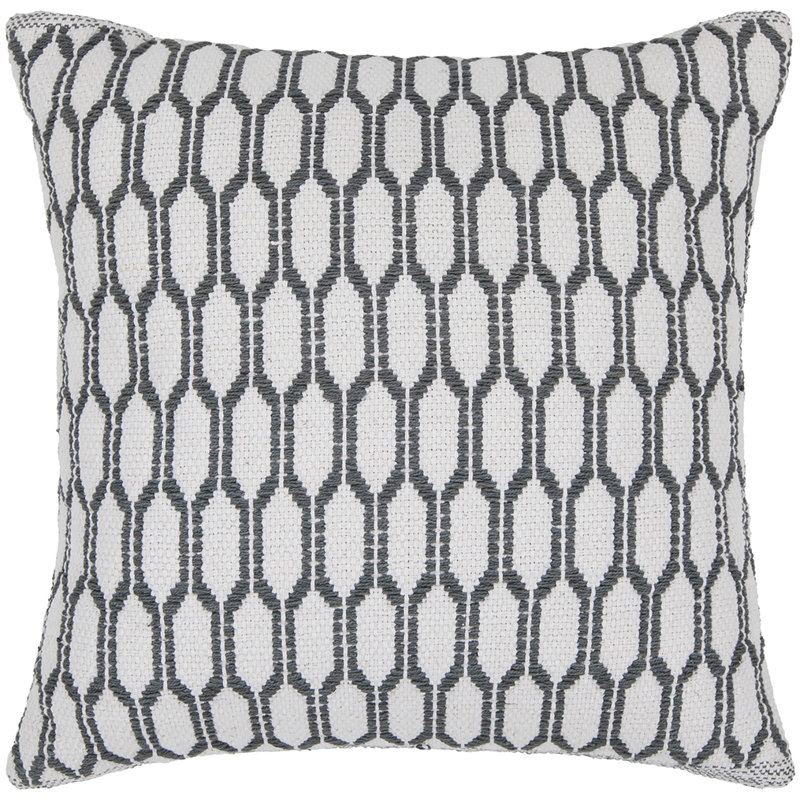 Wool Removable Cover Pillow Throw Authentic Handmade Square Polyester Fill Gray & White Non-Reversible Raised Geometric Trellis With White Cotton Backing
