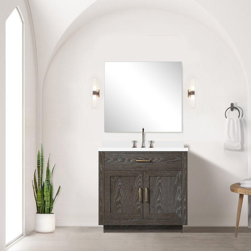 36 po L x P 22 po. Meuble-lavabo en chêne brun avec plateau en marbre de culture, robinet et baignoire miroir en chêne