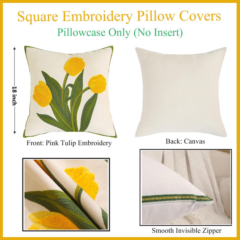 Set Of 2 18X18 Floral Tulip Embroidered Decorative Cushion Cases, Soft Cotton Farmhouse Decor For Sofa, Couch, Bed & Office (Tulip Yellow)