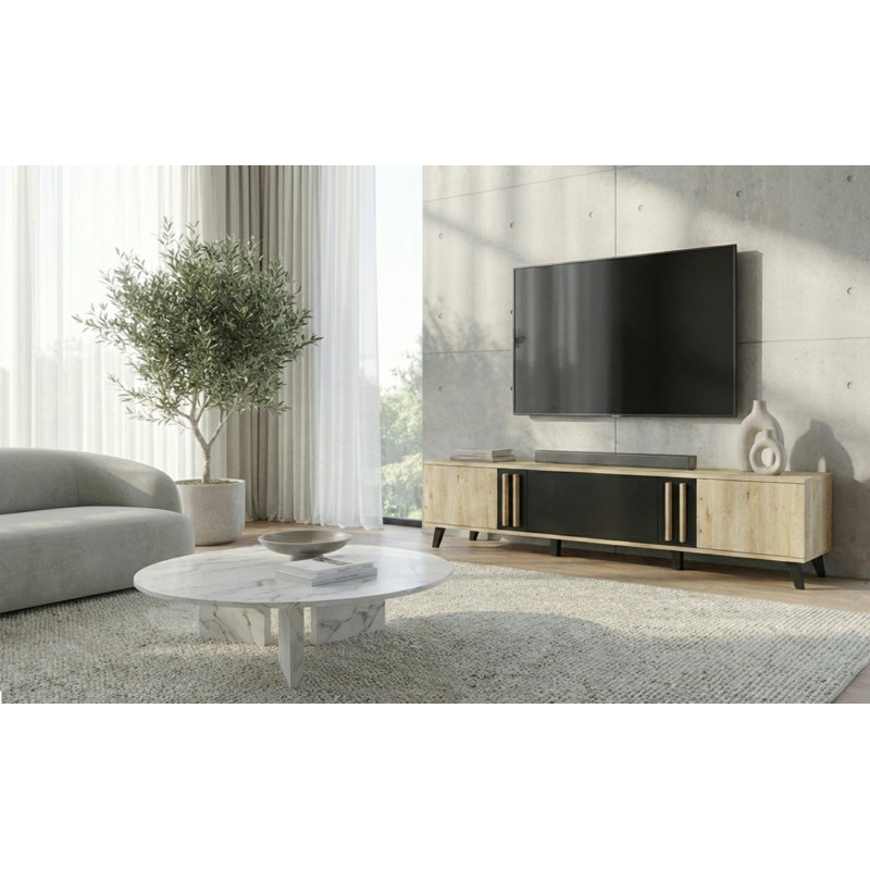 TV Stand for TVs up to 78", Oak Wood/Black