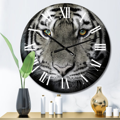 Portrait monochrome d'un tigre blanc IV - Horloge murale traditionnelle