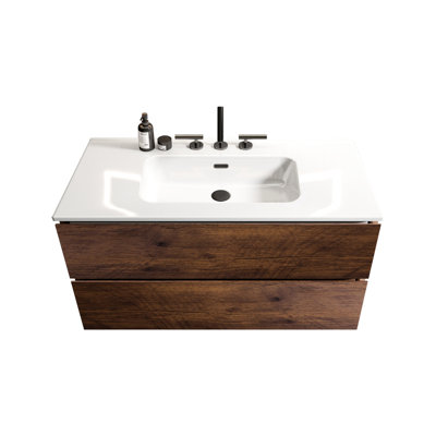 Meuble-lavabo mural 36 po - blanc + noyer, lavabo en céramique, tiroirs silencieux, grand espace de rangement blanc + meubles en noyer, meuble-lavabo, pièce généreuse, trois trous de robinet,