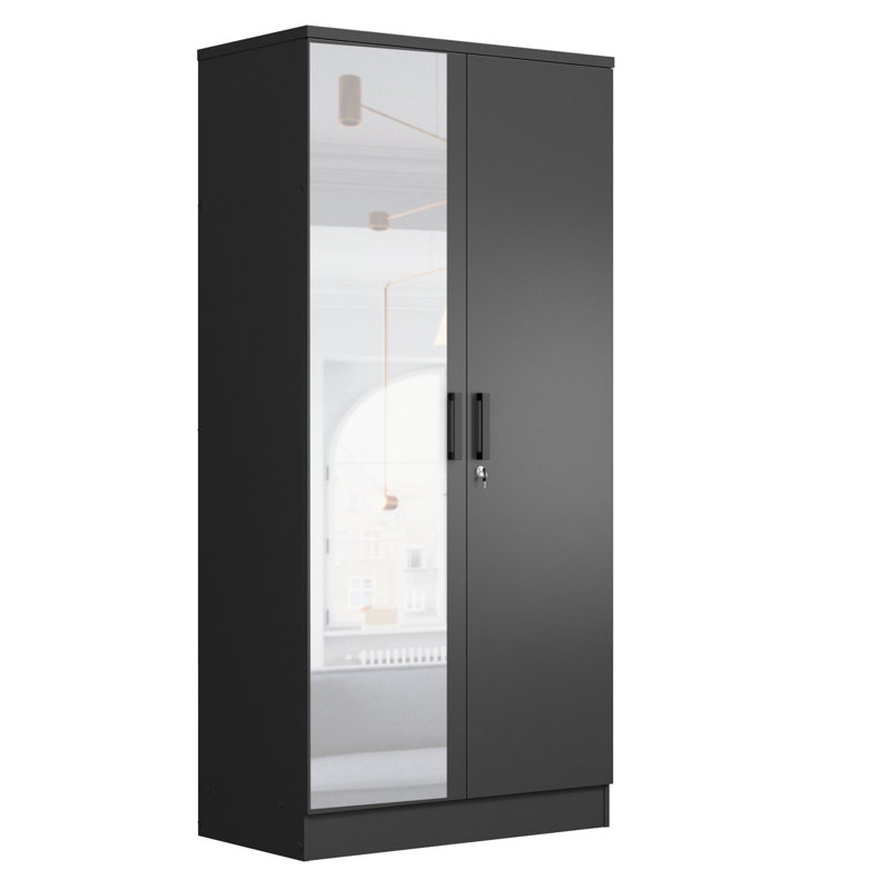 Armoire 2 portes Neiman, porte à miroir, Noir