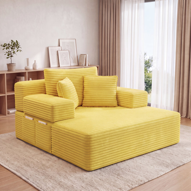 Canapé-lit rembourré 48,5 po en velours côtelé double avec 2 coussins et poches latérales - aucun assemblage requis, Jaune