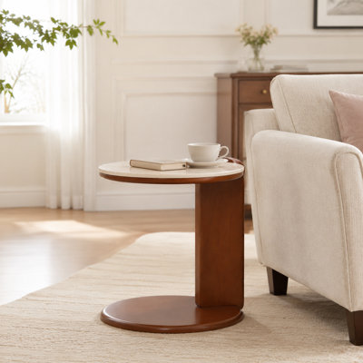 Table basse ronde en bois massif avec tablette de rangement, finition noyer, 17,91 po x 17,91 po x 19,09 po