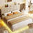 Full Size Floating Bed Frame With LED Lights, Upholstered Platform Bed Frame With Charging Station & Storage Headboard-1204265145