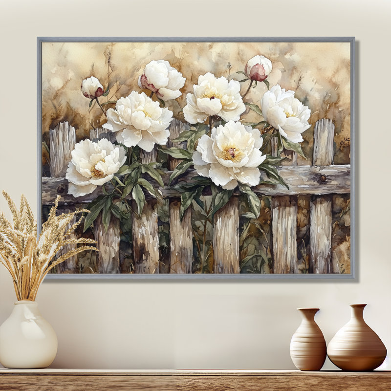 Drees, campagne, pivoines par la vieille clôture I - pivoines, art mural pour le salon, Argent argent, H 30 po x l 40 po